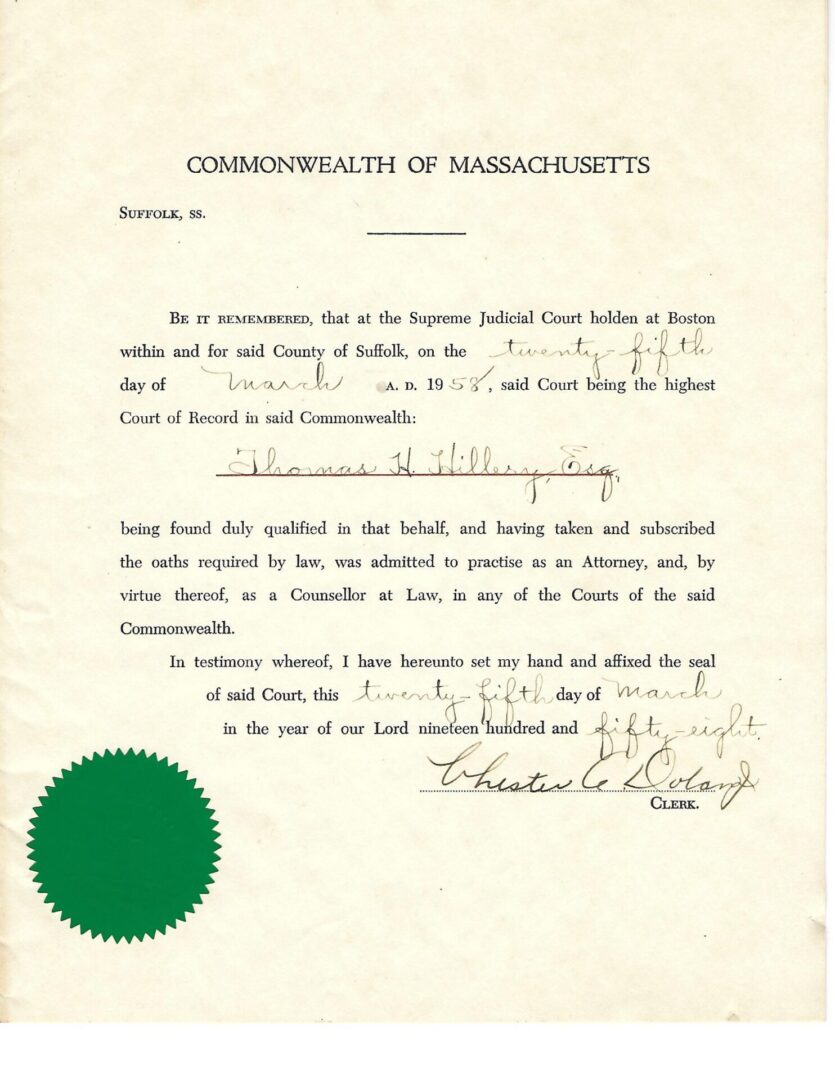 page 5 Thomas Hungiville Hillery admission to Massachusetts Bar 1958 Thomas' admission to the Massachusetts Bar, March 25, 1958.